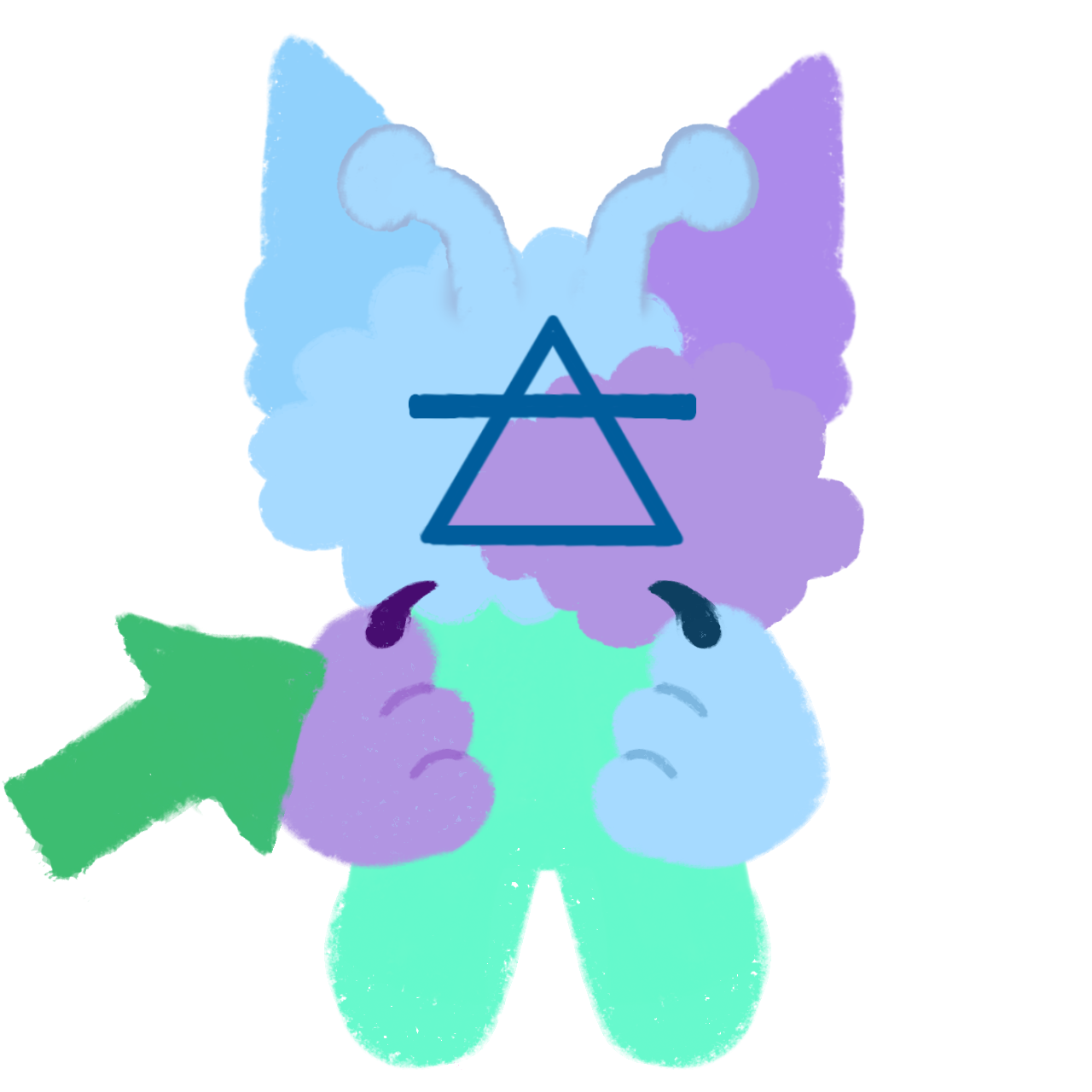 a cloud-like creature that's blue and purple on the face has antenna and ears, and has a teal body, with an alchemical triangle symbol on the face it has a blue paw on the right and a purple paw on the left both pointing to aerself and a green arrow pointing to aer.